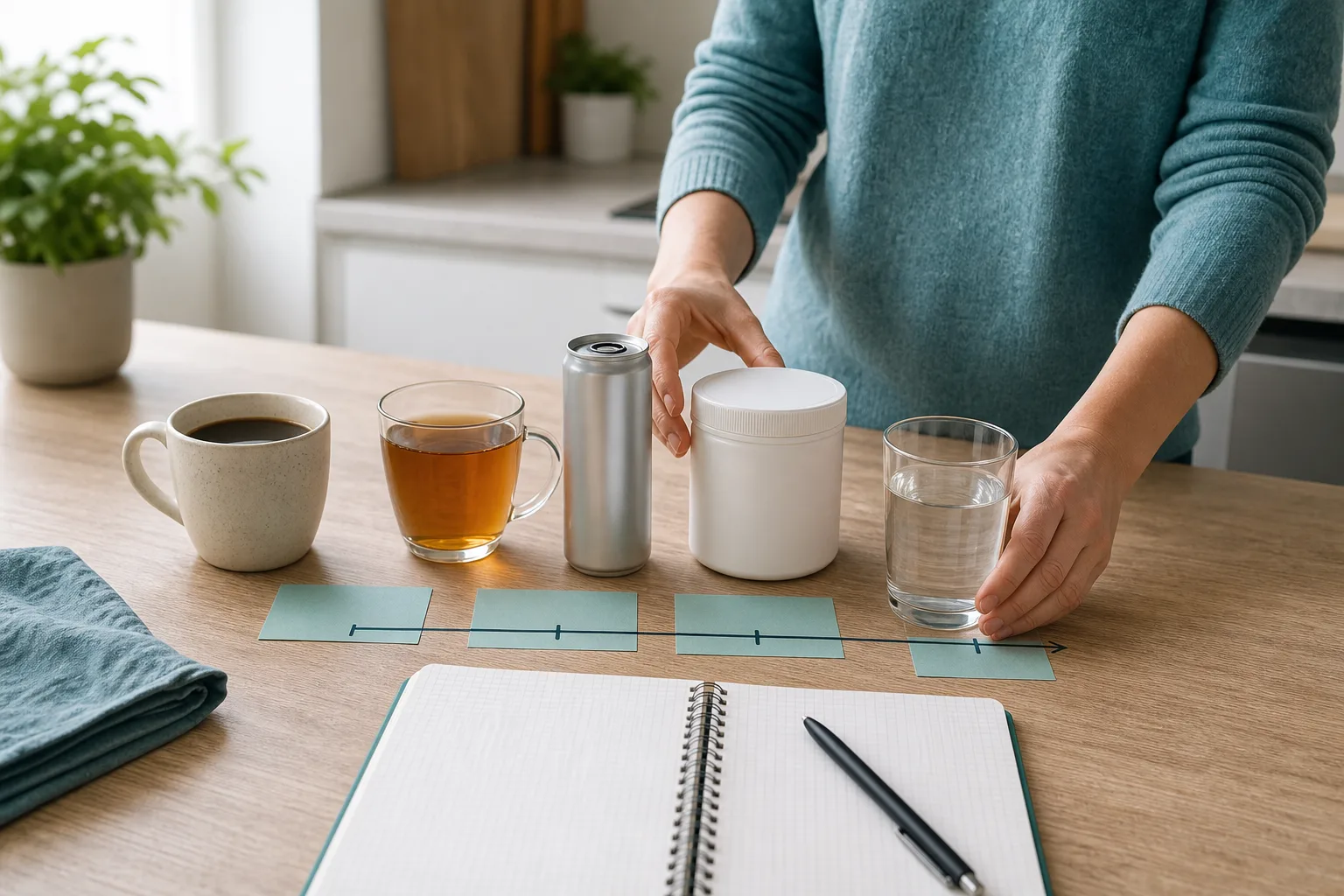 Koffie, thee, een onbedrukt blikje en een notitieboek op een keukentafel