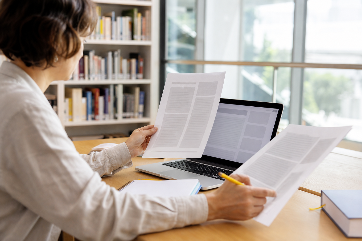 Lezer vergelijkt informatie op papier met een bron op een laptop in een bibliotheek