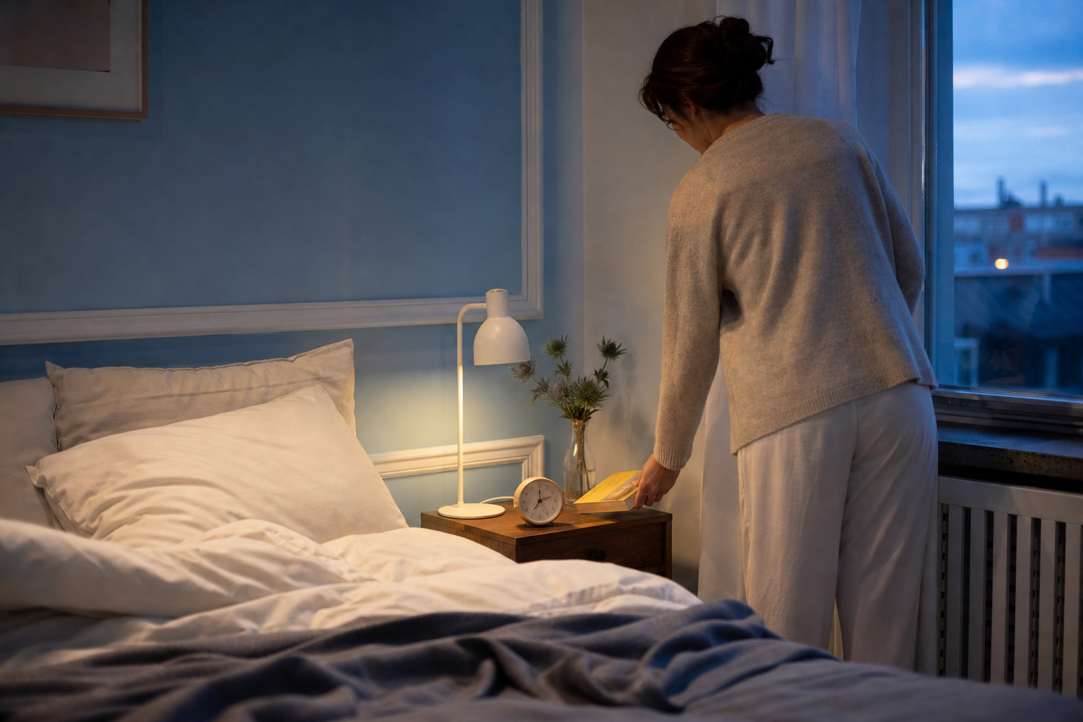 Persoon legt een boek op het nachtkastje in een rustig verlichte slaapkamer